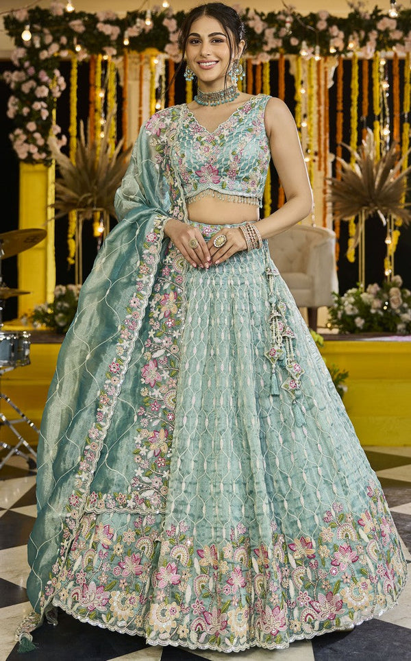 Beautiful Green Color Satin Fabric Party Wear Lehenga