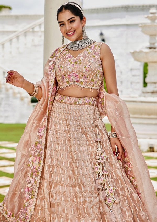 Beautiful Beige Color Satin Fabric Party Wear Lehenga