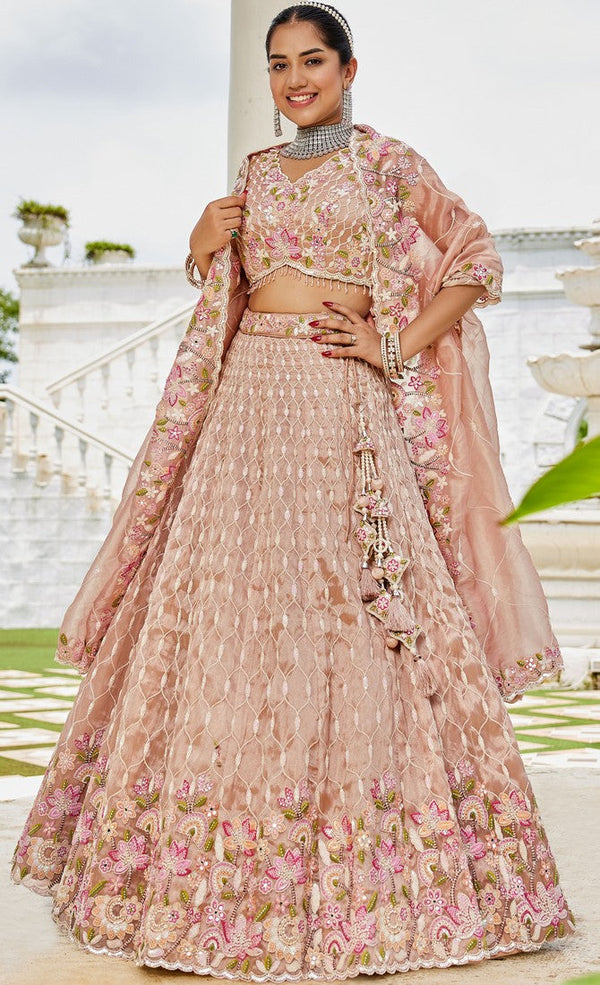 Beautiful Beige Color Satin Fabric Party Wear Lehenga