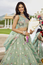 Beautiful Green Color Satin Fabric Party Wear Lehenga