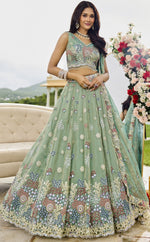Beautiful Green Color Satin Fabric Party Wear Lehenga