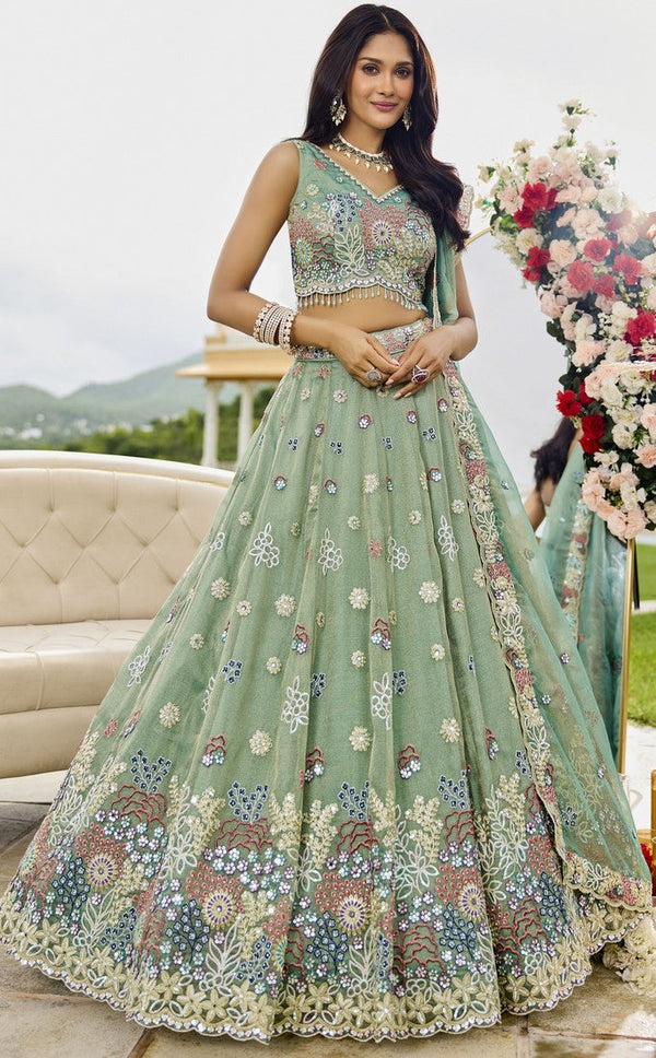 Beautiful Green Color Satin Fabric Party Wear Lehenga
