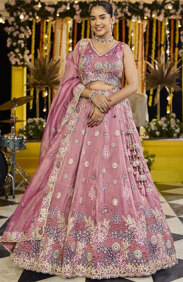 Beautiful Pink Color Satin Fabric Party Wear Lehenga