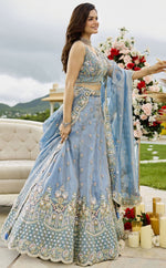Beautiful Aqua Color Satin Fabric Party Wear Lehenga