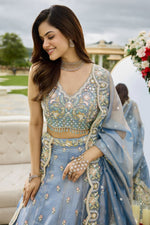Beautiful Aqua Color Satin Fabric Party Wear Lehenga