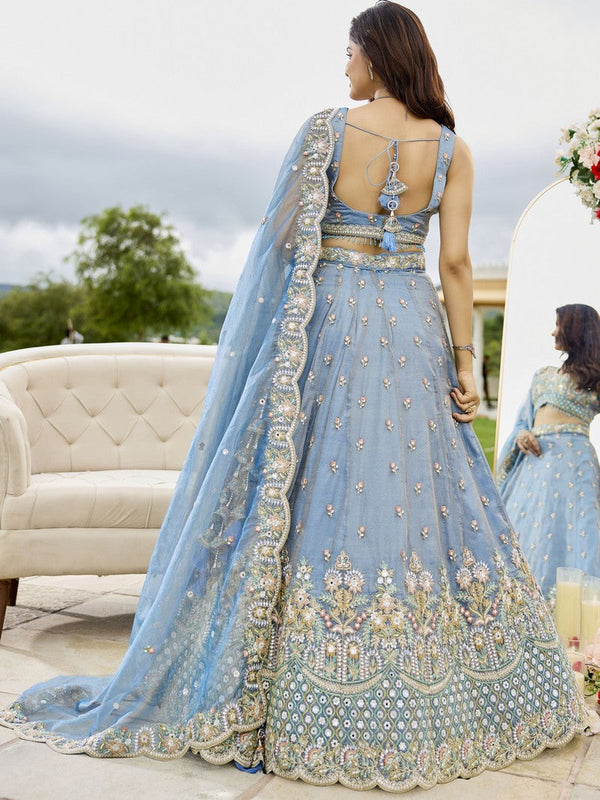 Beautiful Aqua Color Satin Fabric Party Wear Lehenga