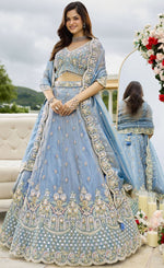 Beautiful Aqua Color Satin Fabric Party Wear Lehenga