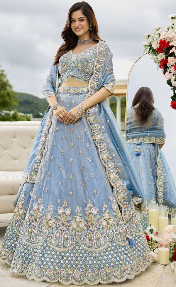 Beautiful Aqua Color Satin Fabric Party Wear Lehenga