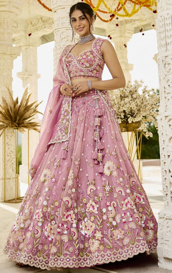 Beautiful Pink Color Organza Fabric Party Wear Lehenga