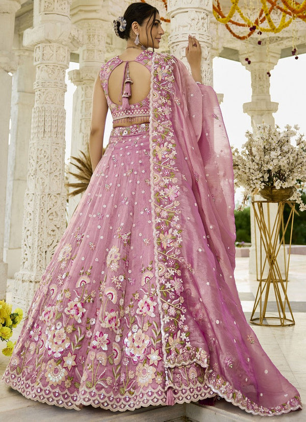 Beautiful Pink Color Organza Fabric Party Wear Lehenga
