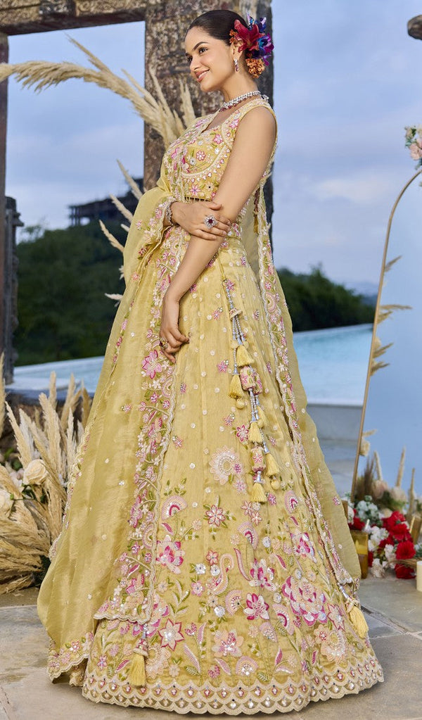 Beautiful Yellow Color Organza Fabric Party Wear Lehenga