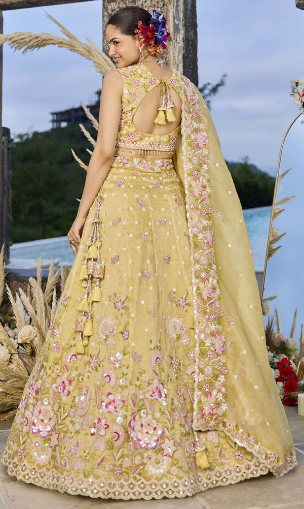 Beautiful Yellow Color Organza Fabric Party Wear Lehenga