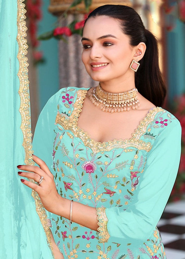 Divine Aqua Color Georgette Fabric Plazzo Suit