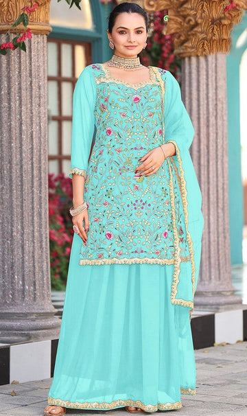 Divine Aqua Color Georgette Fabric Plazzo Suit