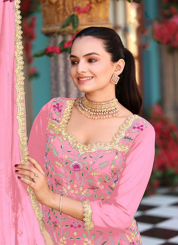 Divine Pink Color Georgette Fabric Plazzo Suit