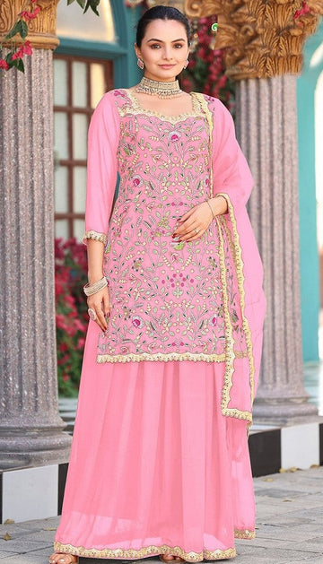 Divine Pink Color Georgette Fabric Plazzo Suit