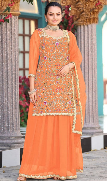 Divine Orange Color Georgette Fabric Plazzo Suit