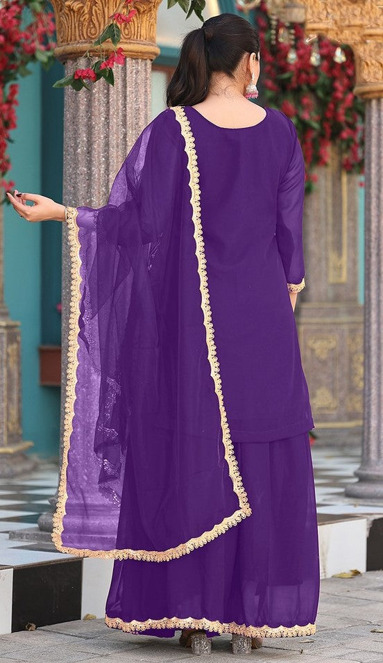 Divine Purple Color Georgette Fabric Plazzo Suit