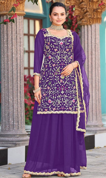 Divine Purple Color Georgette Fabric Plazzo Suit
