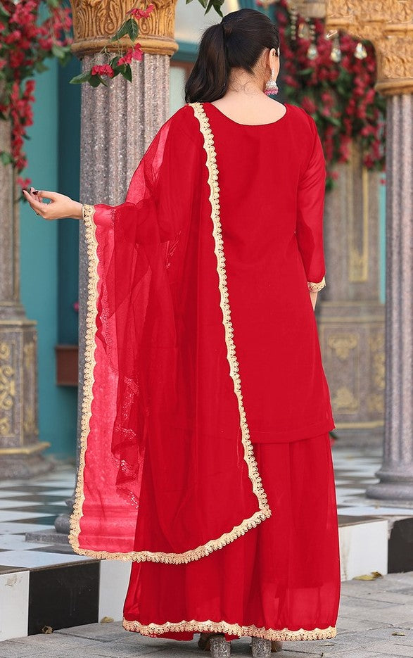 Divine Red Color Georgette Fabric Plazzo Suit