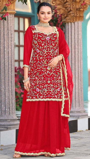 Divine Red Color Georgette Fabric Plazzo Suit