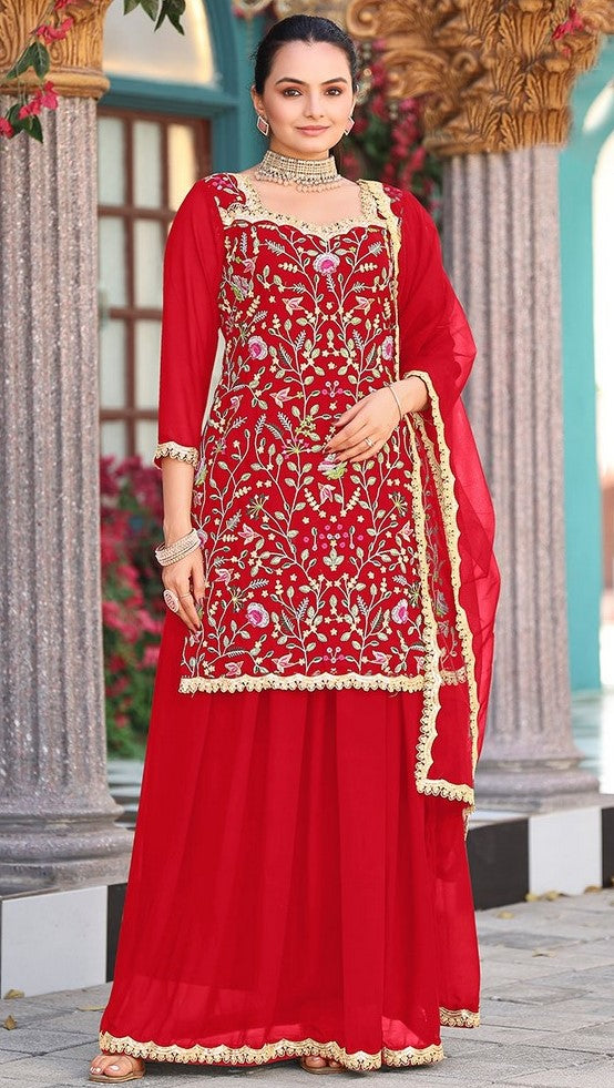 Divine Red Color Georgette Fabric Plazzo Suit