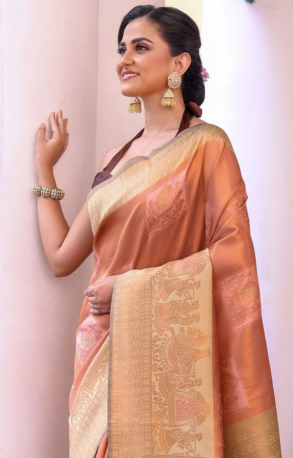 Amazing Peach Color Silk Fabric Casual Saree