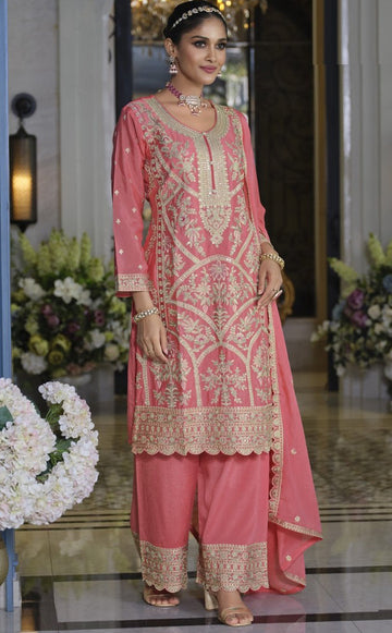 Divine Pink Color Chinon Fabric Plazzo Suit