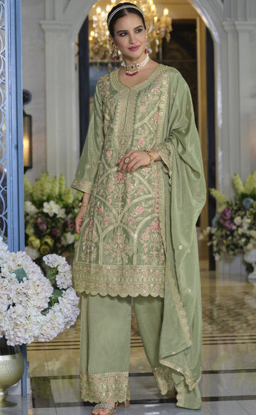 Divine Green Color Chinon Fabric Plazzo Suit