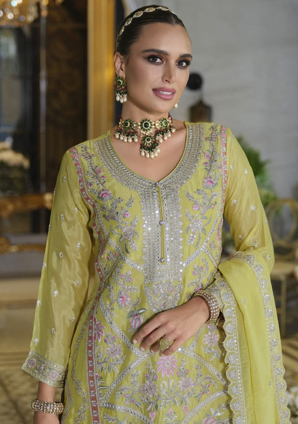 Divine Yellow Color Chinon Fabric Plazzo Suit