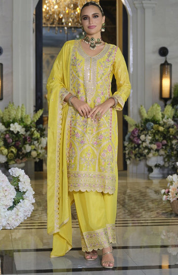 Divine Yellow Color Chinon Fabric Plazzo Suit