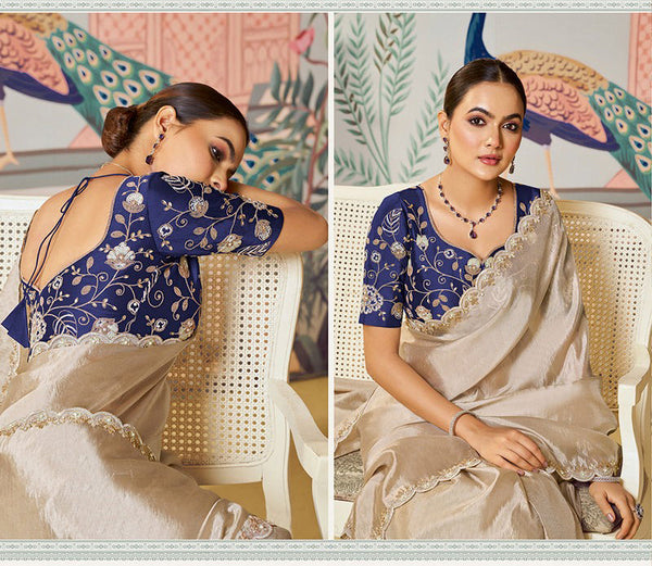 Amazing Beige Color Tussar Fabric Partywear Saree