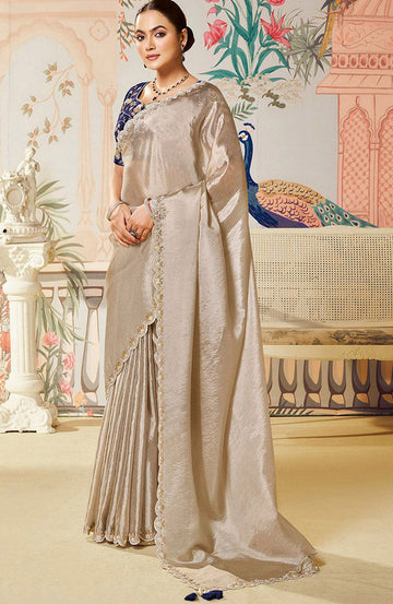 Amazing Beige Color Tussar Fabric Partywear Saree