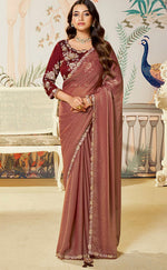 Amazing Brown Color Organza Fabric Partywear Saree