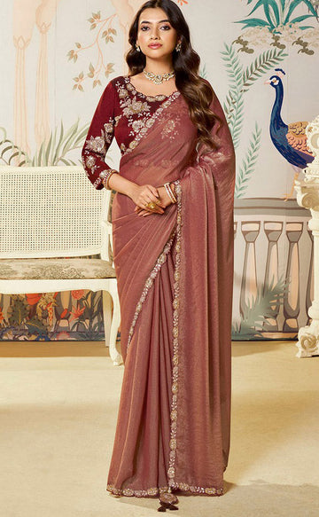 Amazing Brown Color Organza Fabric Partywear Saree