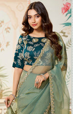 Amazing Green Color Organza Fabric Partywear Saree