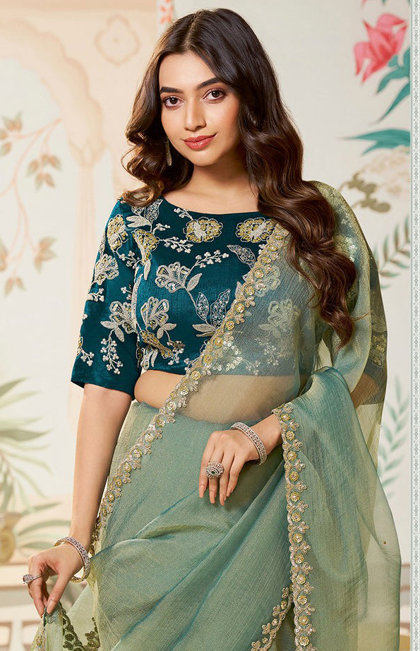 Amazing Green Color Organza Fabric Partywear Saree