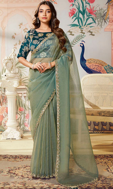 Amazing Green Color Organza Fabric Partywear Saree