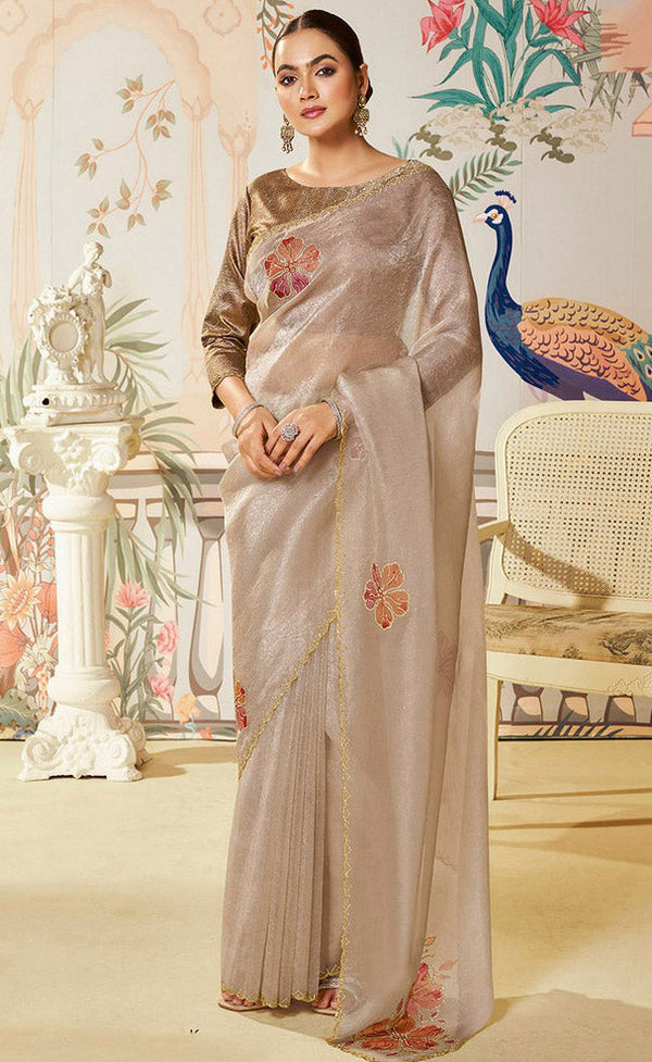 Amazing Chiku Color Organza Fabric Partywear Saree
