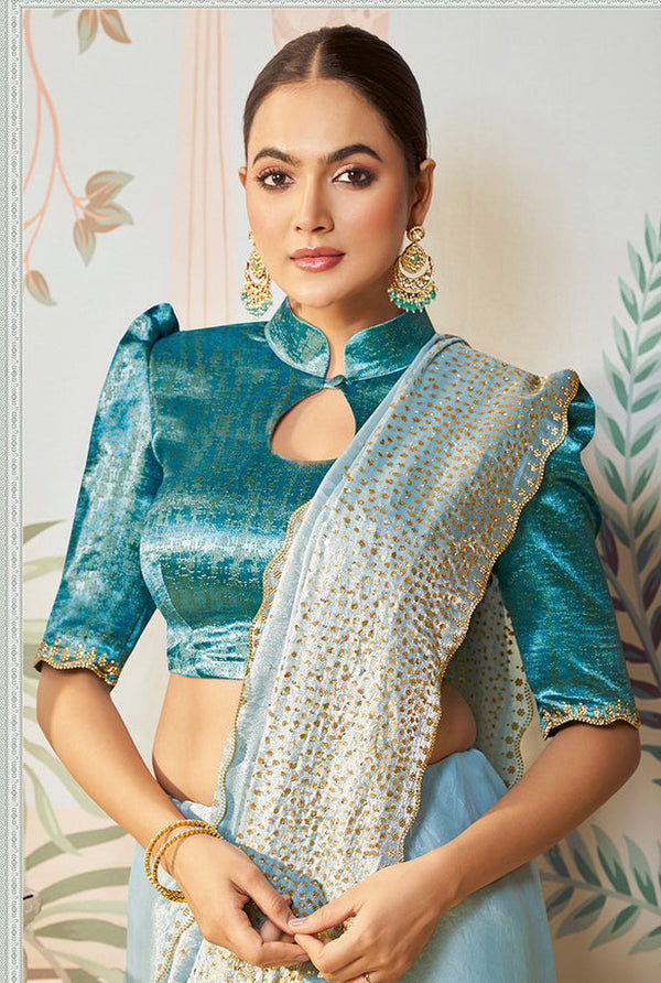 Amazing Aqua Color Silk Fabric Partywear Saree