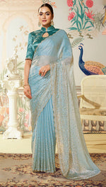 Amazing Aqua Color Silk Fabric Partywear Saree