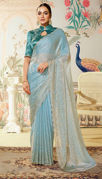 Amazing Aqua Color Silk Fabric Partywear Saree