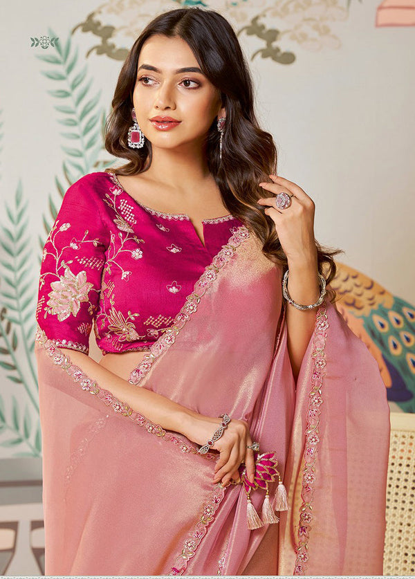 Amazing Pink Color Organza Fabric Partywear Saree