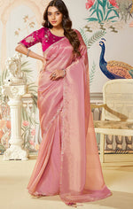 Amazing Pink Color Organza Fabric Partywear Saree