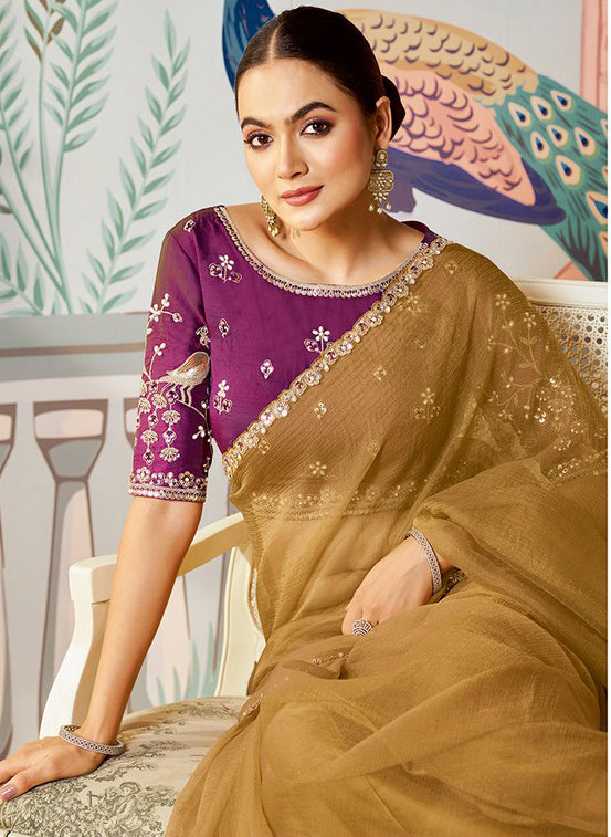 Amazing Beige Color Organza Fabric Partywear Saree