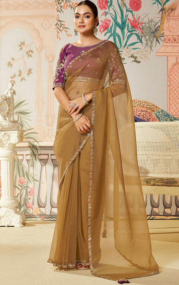 Amazing Beige Color Organza Fabric Partywear Saree
