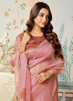 Amazing Peach Color Organza Fabric Partywear Saree