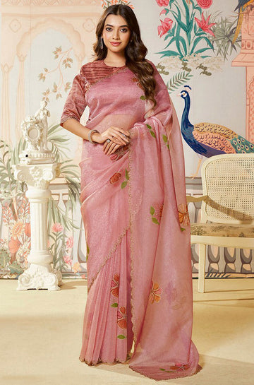 Amazing Peach Color Organza Fabric Partywear Saree