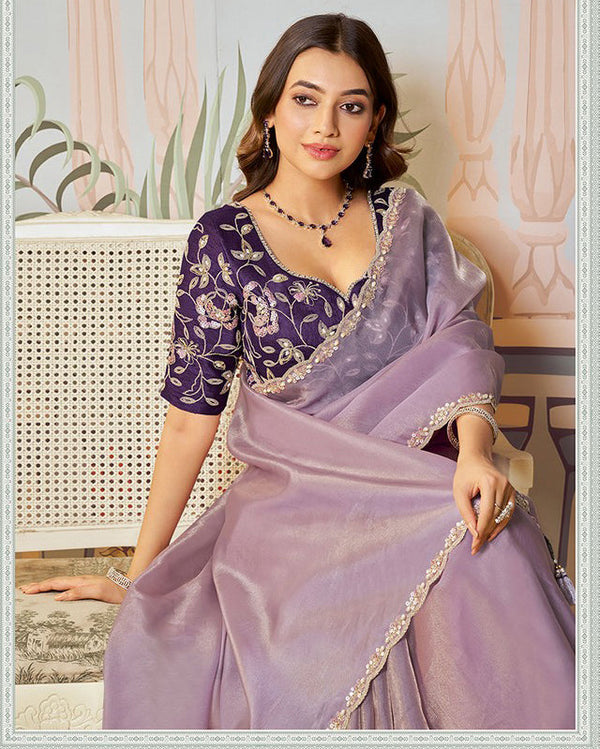 Amazing Purple Color Organza Fabric Partywear Saree