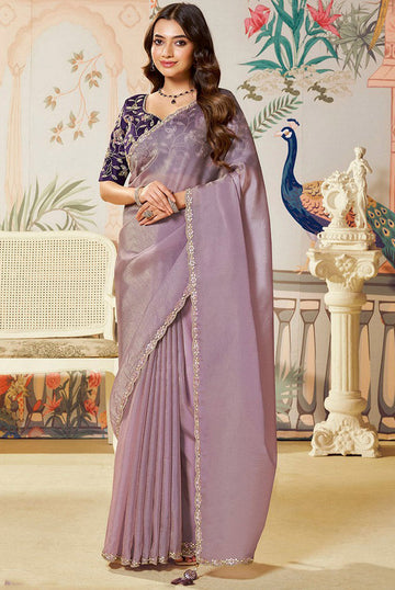 Amazing Purple Color Organza Fabric Partywear Saree